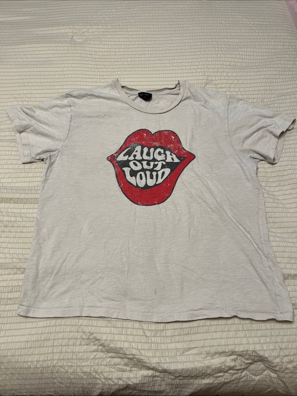 White Short Sleeve Tee with Red 'Laugh Out Loud' Lips Graphic